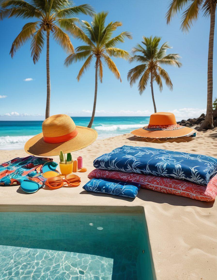 A vibrant summer scene showcasing a stylish poolside patio transitioning into a sandy beachfront. In the foreground, various fashionable swimwear laid out, featuring bright patterns and colors, alongside stylish beach accessories like sunglasses and hats. The background reveals shimmering ocean waves and a clear blue sky, inviting a feeling of relaxation and fun. Palm trees sway gently in the breeze, enhancing the tropical vibe. vibrant colors. super-realistic.
