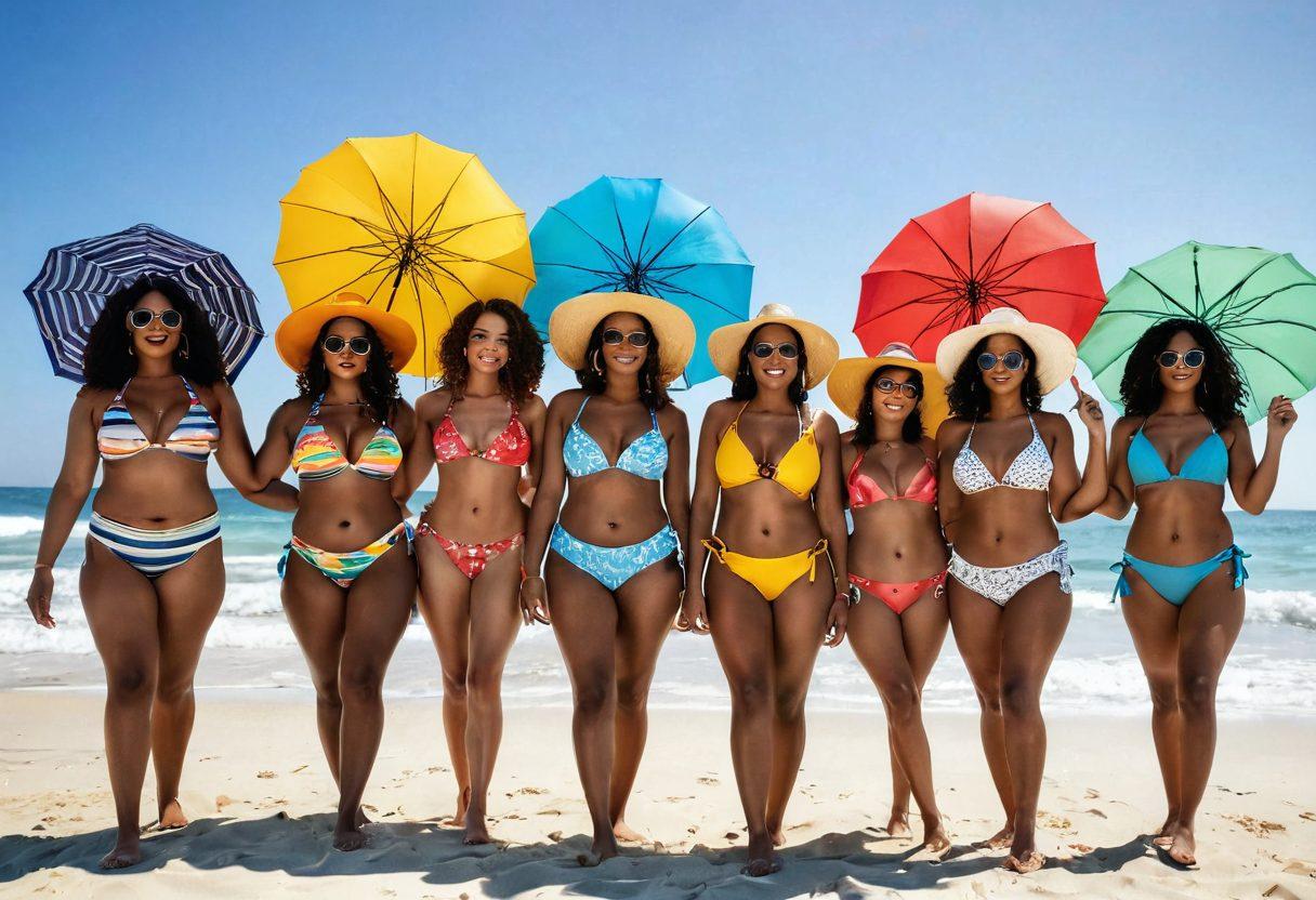A diverse group of confident women, each with unique body types, joyfully modeling stylish bikinis on a sunny beach. The scene captures vibrant beach umbrellas, sparkling waves in the background, and beach accessories like sunglasses and hats. Incorporate elements of summer fun like beach balls and tropical drinks for a lively atmosphere. The women should exude confidence, showcasing the beauty of embracing curves. super-realistic. vibrant colors. summer theme.